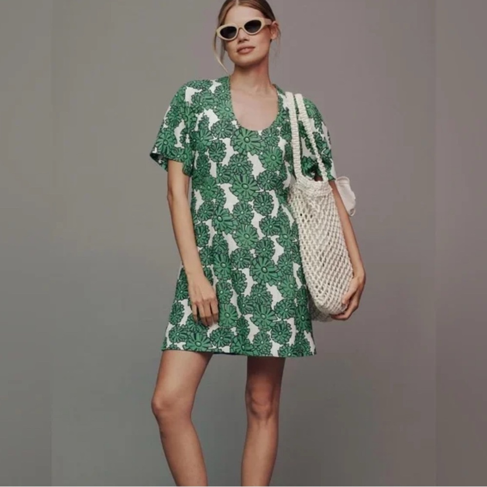 Short-Sleeve Crew-Neck Linen Printed Mini Dress by Porridge, 
Size: S